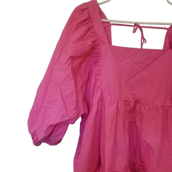 A New Day Women's Hot Pink Cotton Puff Sleeves Baby Doll Tiered Dress w Pockets - Picture 4 of 16